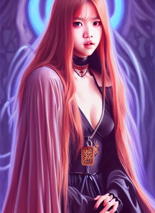 Image similar to lalisa manoban of blackpink, grim reaper costume, tarot card, highly detailed, digital painting, smooth, sharp focus, illustration, ultra realistic, 8 k, art by artgerm and alphonse mucha