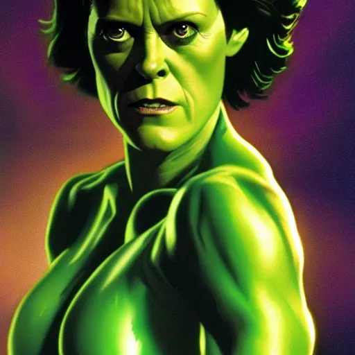 Image similar to full figure, Sigourney weaver as She-Hulk, atmospheric lighting, painted, intricate, golden hour, ultra detailed by Alex Ross