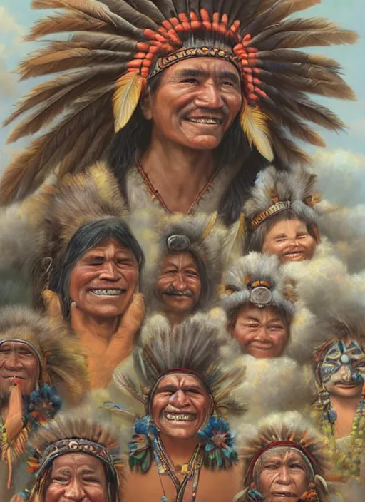 Image similar to faces of indigenous amazonian grandfathers and grandmothers spirits in the clouds, smiling, protection, benevolence, ancestors, detailed faces, art by christophe vacher