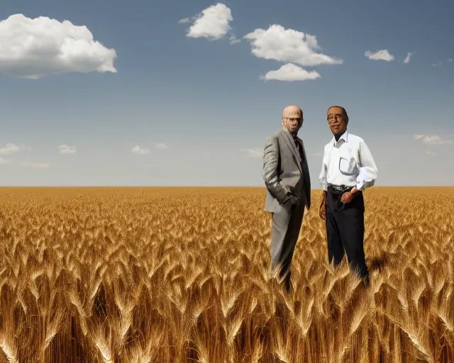 Image similar to extreme long shot of walter white and gustavo fring stand facing each other from a distance in a wheat field, low angle, side view, 3 5 mm photograph, 8 k resolution, wide shot, sharp lens