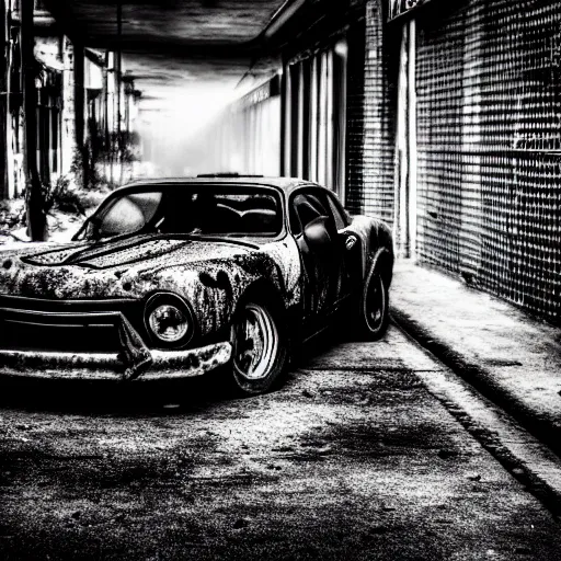 Image similar to black and white press photograph of a rusted abandoned expensive sports car on a busy city street, detailed, natural light, mist, film grain, soft vignette, sigma 5 0 mm f / 1. 4 1 / 1 0 sec shutter, imax 7 0 mm footage