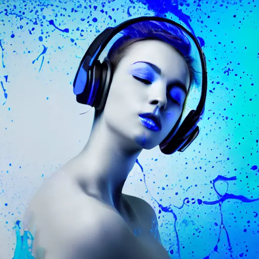 Prompt: dripping electrical blue paint across the shape of a female human body dancing and listening to music with headphones, realistic , high detail, on a clear white background