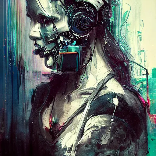 Image similar to a cyberpunk noir detective, skulls, wires cybernetic implants, machine noir grimcore in cyberspace photoreal, atmospheric by jeremy mann francis bacon and agnes cecile, ink drips paint smears digital glitches