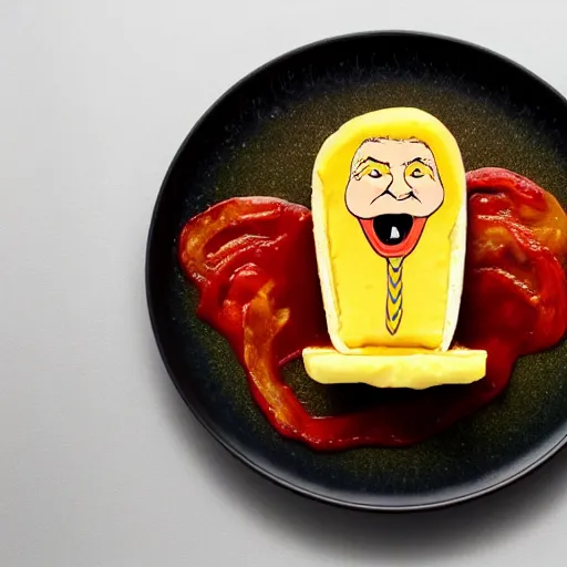 Image similar to Donald Trump anthropomorphic omelette, food photography