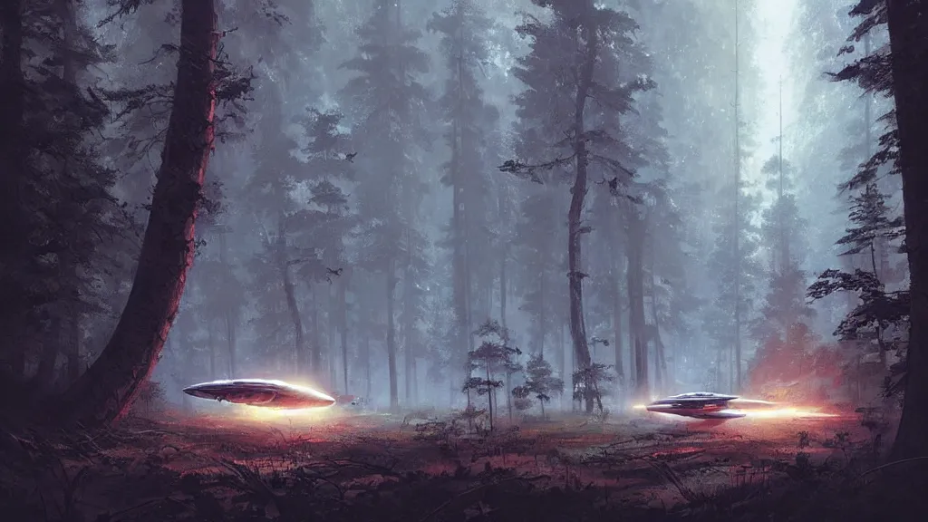 Image similar to a spaceship lost in the forest, detailed digital art by greg rutkowski.