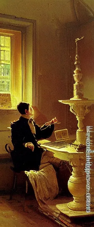 Prompt: time-travelling magician coding a new server architecture on a computer, intricate oil painting by Carl Spitzweg