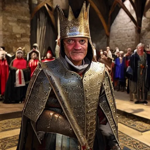 Image similar to donald tusk in medieval times look like merlin high details cinematic mood shooting lighting from wand