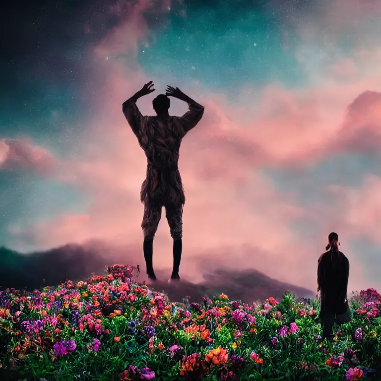 Image similar to a planet of various flowers, fungus and plants, in which the human figure is dressed in something magical and impressive, inside the picture is infinity, sunset light, Atmospheric phenomenon, artistic photography, muted colors, conceptual, long exposure outside the city