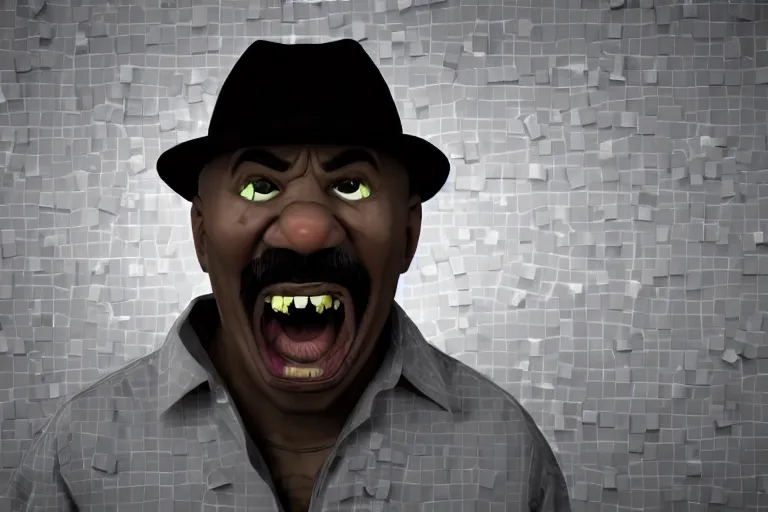 Image similar to creepy hilarious steve harvey screaming portrait stuck in the matrix, glitchy, buggy, playstation 1 graphics, low poly 3 d render, creepypasta, volumetric lighting, dramatic, octane render, scary, horrific, award - winning, detailed, weird, close - up, featured on artstation, strange, off - putting, demonic, odd, atmospheric, ambient, spooky