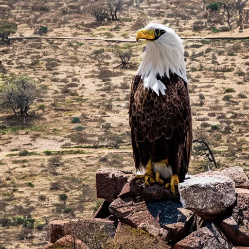 Image similar to eagle sitting on top of zimbabwe conical tower ruins, wide angle