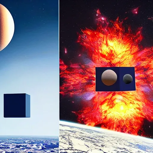 Image similar to Two Cube-Shaped Planets colliding, explosion, space, beautiful, fire