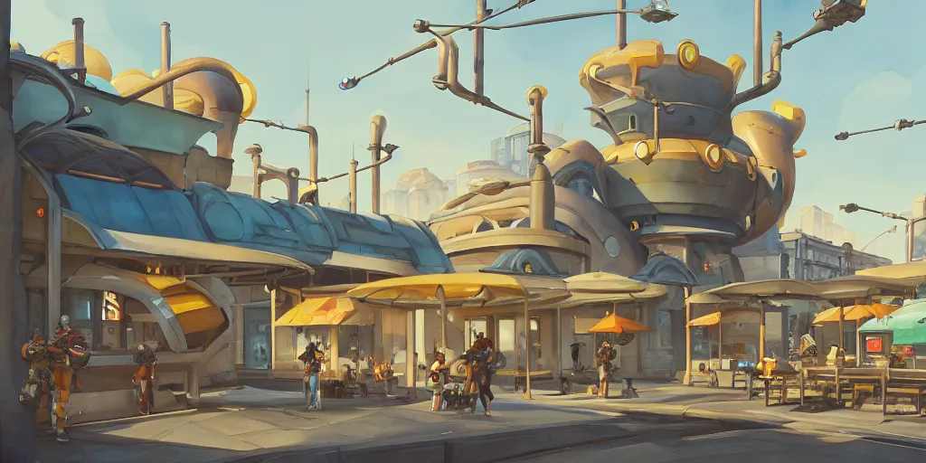 Image similar to overwatch building, stylized, exterior, architecture, in watercolor gouache detailed paintings, insanely detail, artstation, 8 k, futuristic, big medium small, arcane, simon stalenhag, food stall, interesting shapes & form, golden ratio, megastructures, vitaly bulgarov, mall, elites, clean