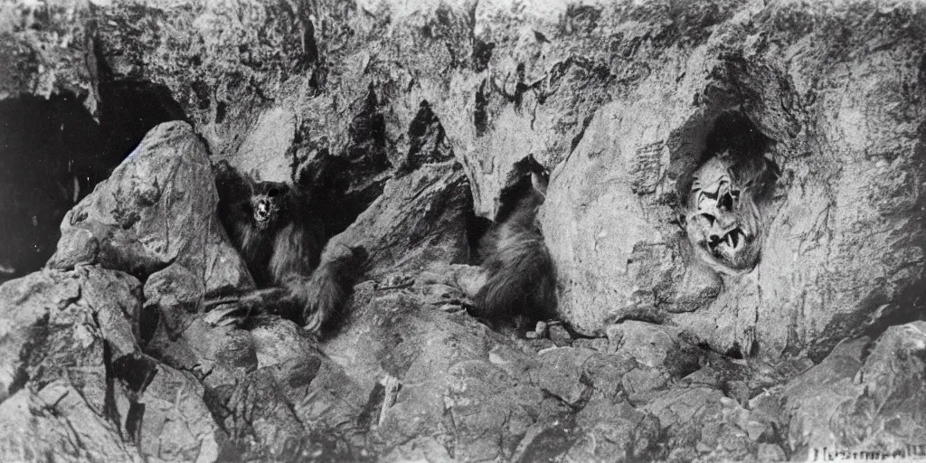Image similar to krampus eating a big boulder rock in the dolomites, hay fur, 1920s photography, grainy, eerie, dark
