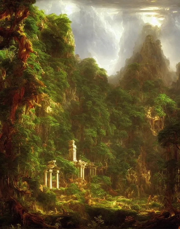 Prompt: an ancient temple lost in a gigantic forest by thomas cole, painting, epic clouds formation, cinematography, epic lighting,