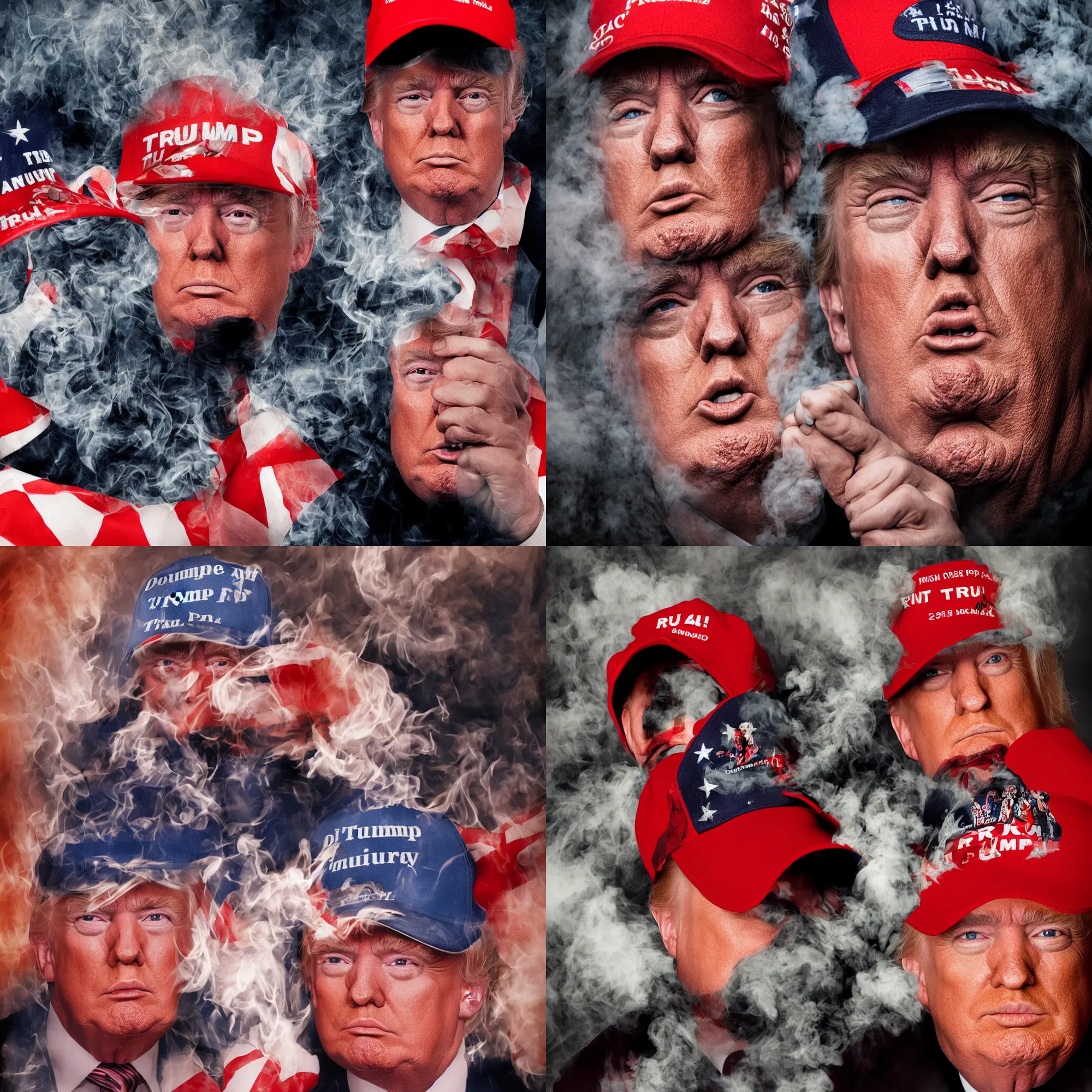 Prompt: single person portrait photograph, Donald Trump wearing Totenkopf cap, off-camera flash, canon 35mm lens, f8 aperture, color Ektachrome photograph, (smoke), hdr detail