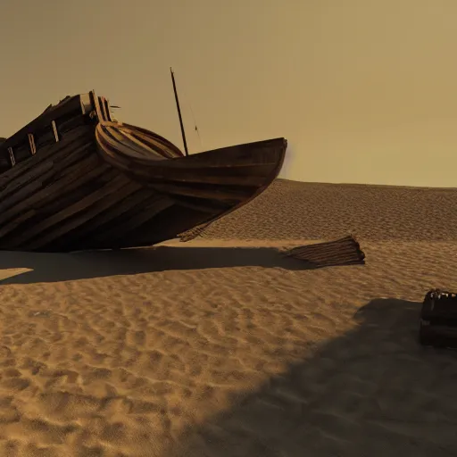 Prompt: A shipwreck in sand, PSX screenshot, ePSXe, PlayStation 1, raytracing, octane render, volumetric lighting, 3D render, 8K HD