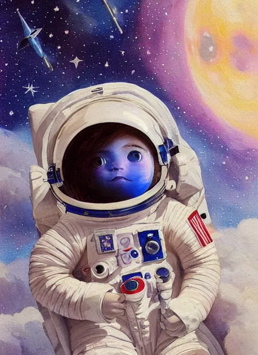 Prompt: a cute little girl with a round cherubic face, blue eyes, and short wavy light brown hair smiles as she floats in space with stars all around her. she is an astronaut, wearing a space suit. beautiful painting with highly detailed face by quentin blake and greg rutkowski