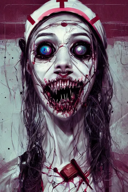 Image similar to cartoon grunge portrait of a creepy horror nurse girl . intricate abstract. intricate artwork. nightmare fuel. terrifying. by Tooth Wu, wlop, dan mumford , trending on artstation, greg rutkowski very coherent symmetrical artwork. cinematic, hyper realism, high detail, octane render, 8k