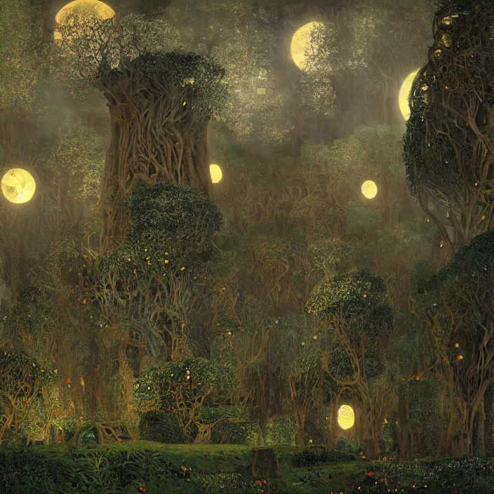 Prompt: ancient overgrown! ruins lit by moonlight!, twilight, medieval gates, runestones, beautiful lanters, mysetrious etherial mesmerizing runic!! cat eyes, magical elven geometry, concept art by gustav klimt!, deviantart contest winner, environmental art, high detail, intricate masterpiece