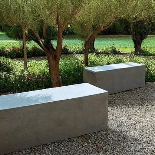 Prompt: creative concrete benches, colorful, olive trees