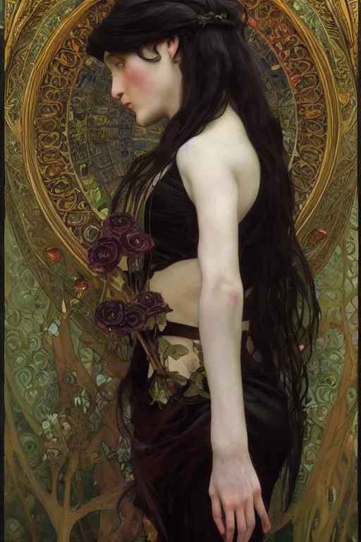 Image similar to masterpiece painting of ephemeral vampire raven haired girl by donato giancola, darius zawadzki and tom bagshaw, face by artgerm and edmund leighton, alphonse mucha, background by james jean and gustav klimt, 8 k, horror, dark color palette, volumetric lighting, porcelain skin, french nouveau, trending on pixiv