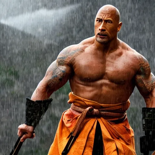 Prompt: Dwayne Johnson as samurai , under rain, dramatic, cinematic, an film still