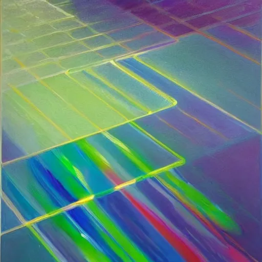 Image similar to a painting by Wayne Thiebaud of a high end Nvidia GPU RTX, cooling, high specs, ethereal!!!!!!!, by Wayne Thiebaud, neon gradient, highly detailed GPU