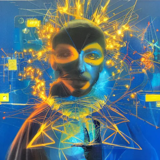 Image similar to a joyful golden blue hacker surrounded by birds, neon virtual networks, and information visualization, oil on canvas inspired by dave mckean and yoji shinkawa