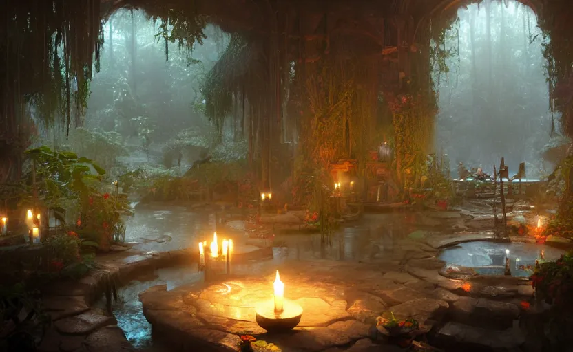 Prompt: painting of an interior of an elven hot spring with candles, natural light, fantasy, lush plants and flowers, natural light, concept art, by greg rutkowski and craig mullins, cozy atmospheric and cinematic lighting, trending on artstation