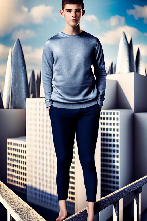 Image similar to un ultra high definition studio quality photographic art portrait of a young man standing on the rooftop of a british apartment building wearing soft padded silver pearlescent clothing. three point light. extremely detailed. golden ratio, ray tracing, volumetric light, shallow depth of field. set dressed.