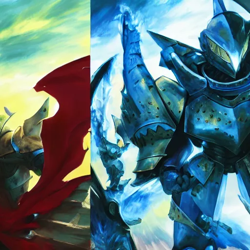 Image similar to dragon fire vs blue armor knight shield, close up, anime, green car hatchback, desert landscape, greg manchess, akehiko inoue and ross tran, Pyromallis Nekro Rene Margitte