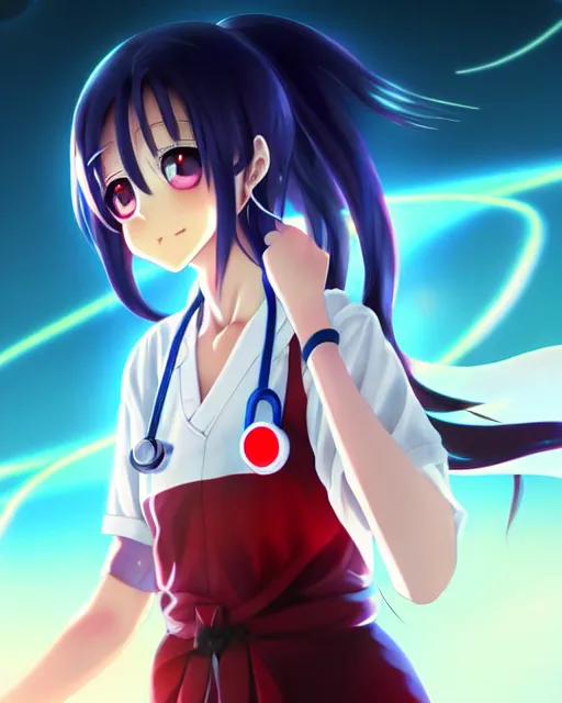 Image similar to anime style, vivid, expressive, full body, 4 k, painting, a cute magical girl with a long wavy black hair wearing a nurse outfit, stunning, realistic light and shadow effects, centered, simple background, studio ghibly makoto shinkai yuji yamaguchi