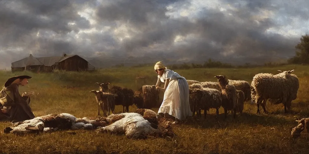 Prompt: oil painting of Mila Jovovich in-the-old-west inspecting a dead sheep at the cabin on the prairie, realistic, volumetric lighting, cinematic