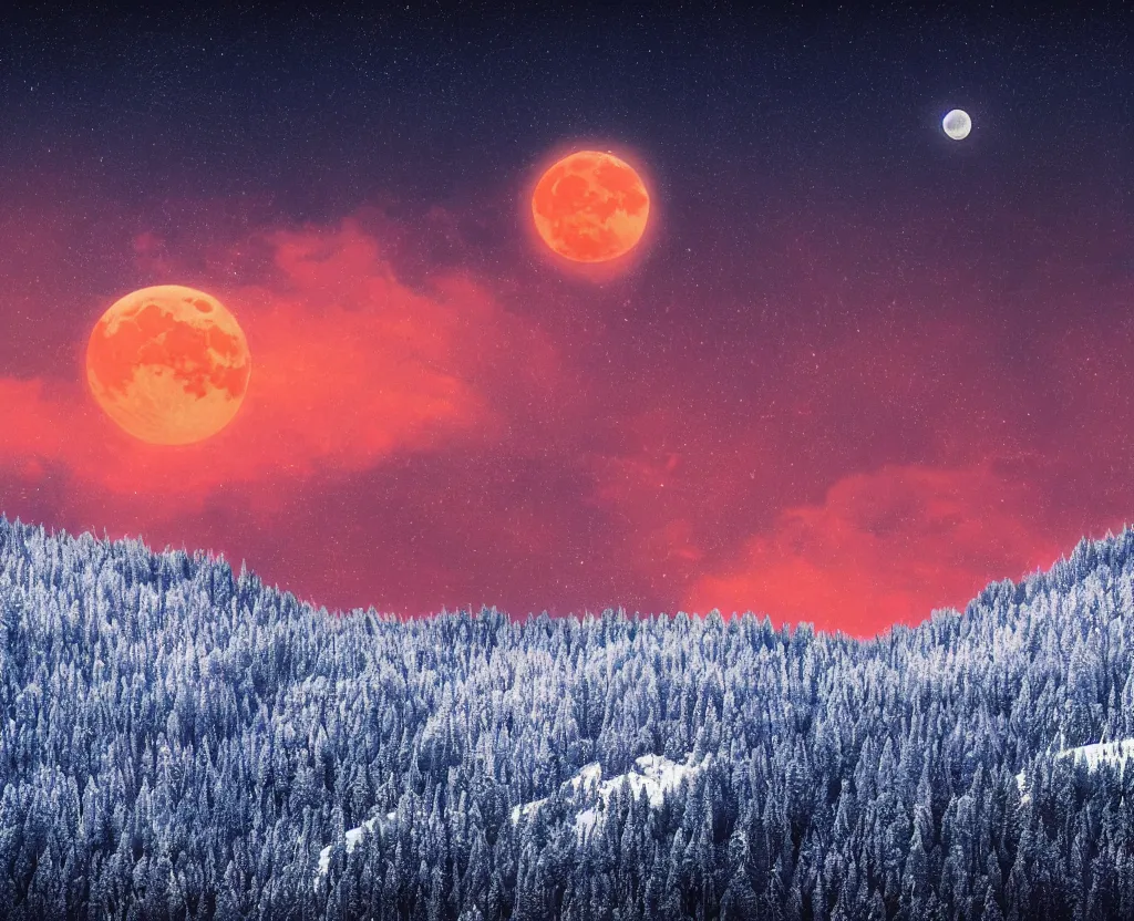 Prompt: A heavily-forested valley surrounded by snow-capped mountains, nighttime, orange moon, red nebula, no clouds, sci-fi, photorealistic, landscape