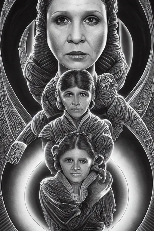 Image similar to highly detailed portrait of princess leia organa by alex grey, patrick woodroffe, mark ryden created by gustave dore and greg rutkowski, high detailed, smooth draw, synthwave neon retro, intricate, realistic proportions, dramatic lighting, trending on artstation