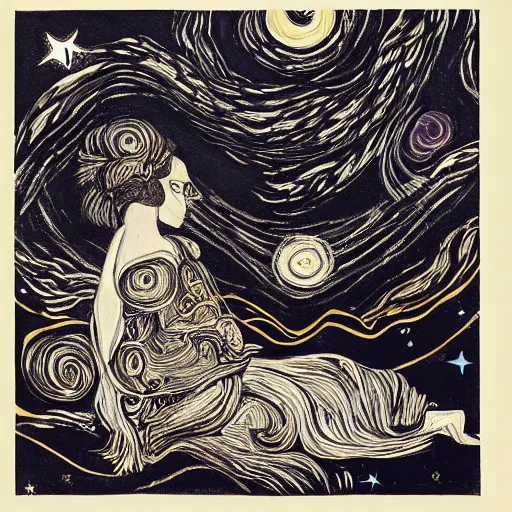 Prompt: A beautiful illustration of a woman with long flowing hair, wild animals, and a dark, starry night sky. Kentucky Fried Chicken, 35 mm photograph by Paul Corfield, by Egon Schiele comforting, lively