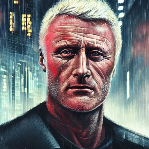 Prompt: a close up portrait of roy batty from blade runner, rainy streets in the background, digital art by ross tran and angel ganev, highly detailed, trending on behance