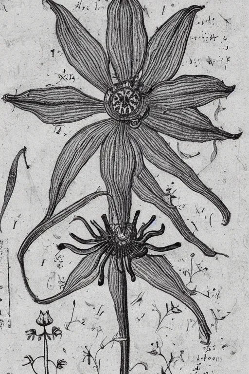 Prompt: “ a scan of a wild passionflower in the style of the voynich manuscript illustrations ”