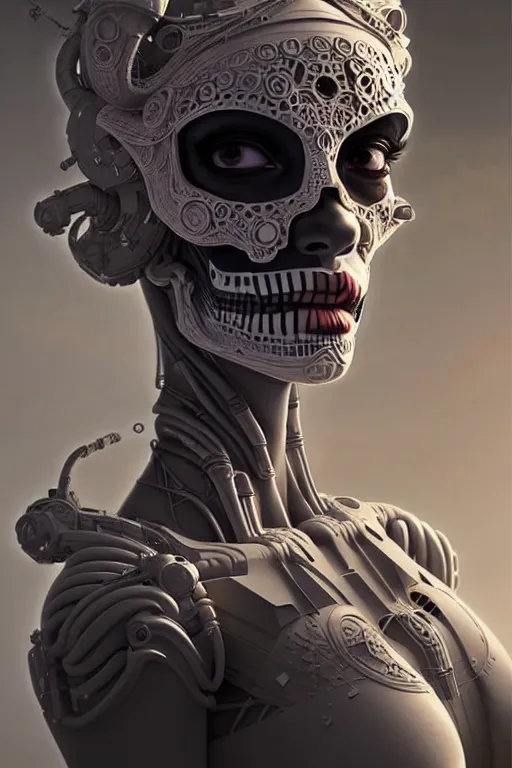 Prompt: ultra detailed Female Android deity, scifi, octane render, clay render, (dia de los muertos), asymmetrical, intricate concept art, art by artgerm and DZO and greg rutkowski and loish and WLOP