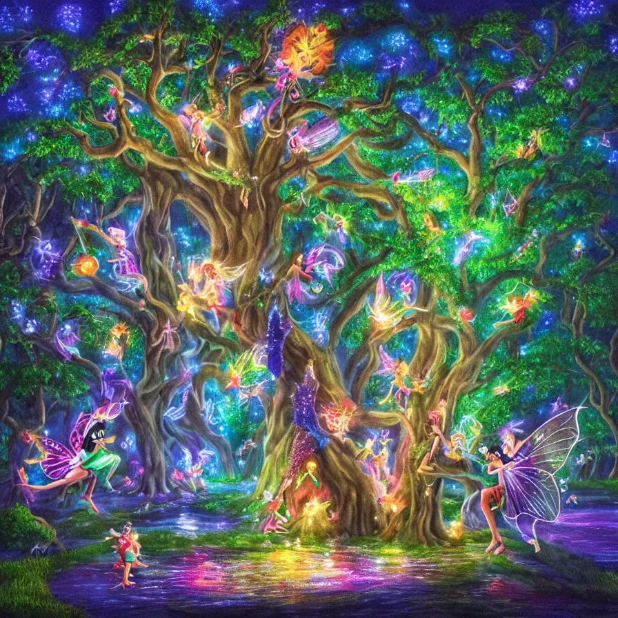 Image similar to a night carnival fairies around a magical tree next to a lake with iridiscent water, christmas lights, volumetric lightning, creatures and fantastic people disguised as fantastic creatures in a magical forest by summer night, masterpieceunderwater scene, masterpiece painted by kelton nelson, scene by night