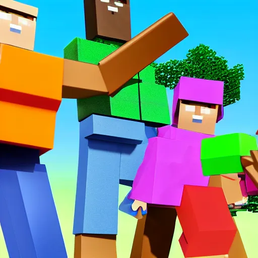 Image similar to block figures looking like roblox figures who are playing with a computer in a block world, having fun in the sun, bright and fun colors