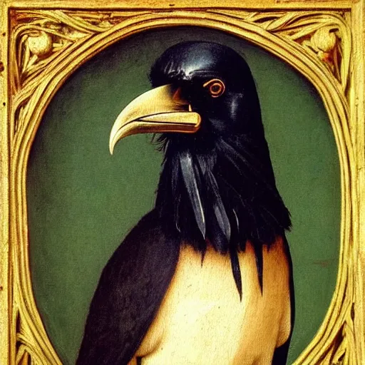 Image similar to a highly detailed renaissance oil painting of a raven dressed in elegant tudor clothes by hans holbein