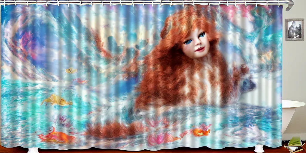 Image similar to a ( ( main coon kitten ) ) little mermaid themed shower curtain, shower curtain product photography. digital art. 4 k, highly detailed. saturated.