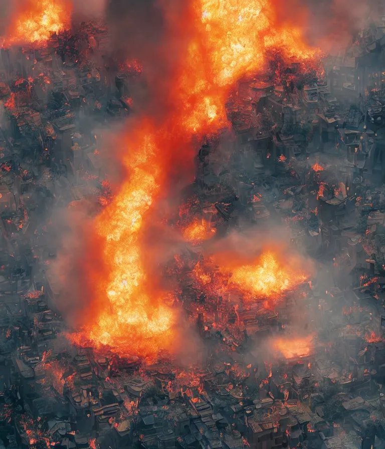 Prompt: a beautiful hyperrealistic detailed 3D render of a firey riot, by Anton Otto Fischer, Atey Ghailan, genzoman, unreal engine, octane render, gigantic, 3D, brilliantly coloured, intricate, ultra wide angle, trending on artstation, embers, smoke, dust, dusk, volumetric lighting, HDR, polished, micro details, ray tracing, 8k