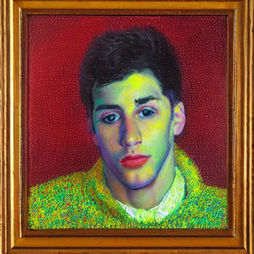 Prompt: oil on canvas, vivid colors, portrait of a young man, impressionistic, pointillism, it is painted really roughly