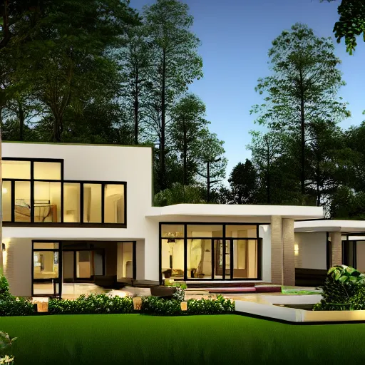 Image similar to render of a beautiful modern home designed for cozy, curvy, natural aesthetics!!, energy efficiency and maximizing plants and greenery, golden light, high resolution, professional