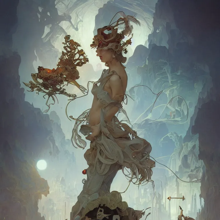 Prompt: opening pandora's box, concept art, nostalgic melancholic artwork, by Peter Mohrbacher and Alphonse Mucha, detailed, style, 8k, trending on artstation, unreal engine 4k, detailed, clean background trending, full shot, symmetrical portrait, sophisticated, Unreal engine, dystopia, anti-utopia, post processing, psychadelic