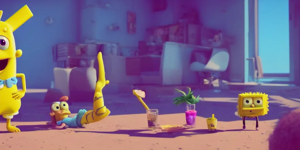 Image similar to “animated Ariana grande and SpongeBob hanging out. 4. Octane render, 4k, 8k, unreal 5, very detailed, hyper realism, trending on artstation.”