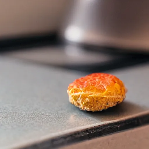 Image similar to “macro photography focused on a miniature figure on a countertop. The background is the rest of the kitchen. The mid ground is a dramatic highway bridge that connects the vintage fridge to the counter. Award winning photo.”