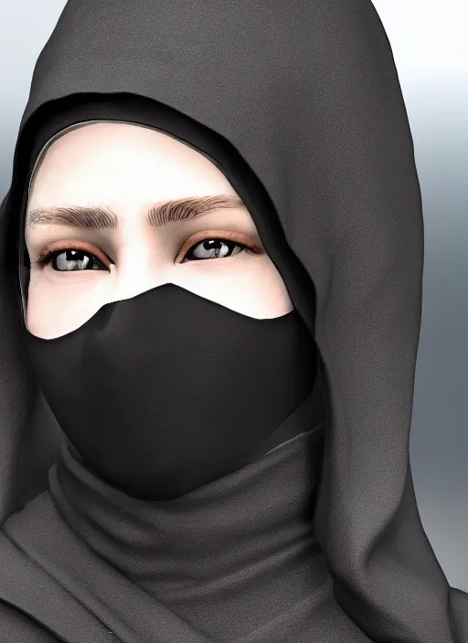 Prompt: a close up of a woman wearing a black vail covering her face. A black robe on. Unreal engine, photorealistic, 8k